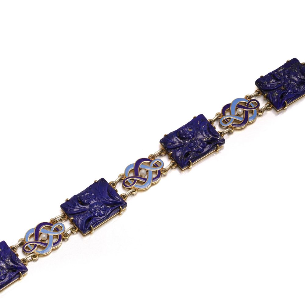 Cartier Art Deco Lapis, Enamel And Seed Pearl Bracelet In 14 Carat Yellow Gold