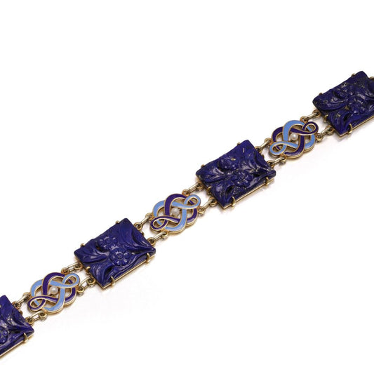 Cartier Art Deco Lapis, Enamel And Seed Pearl Bracelet In 14 Carat Yellow Gold