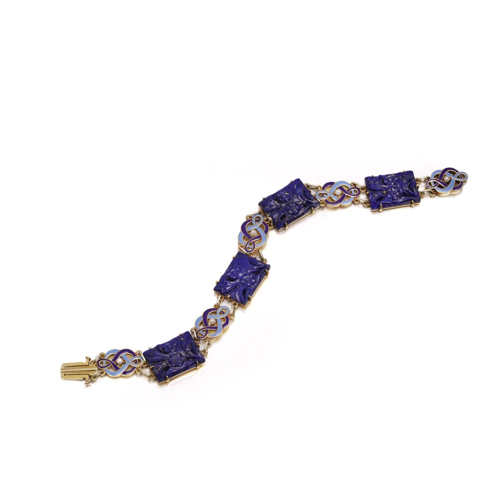Cartier Art Deco Lapis, Enamel And Seed Pearl Bracelet In 14 Carat Yellow Gold