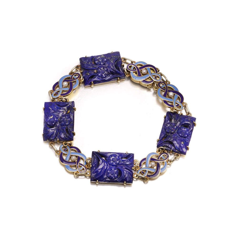 Cartier Art Deco Lapis, Enamel And Seed Pearl Bracelet In 14 Carat Yellow Gold