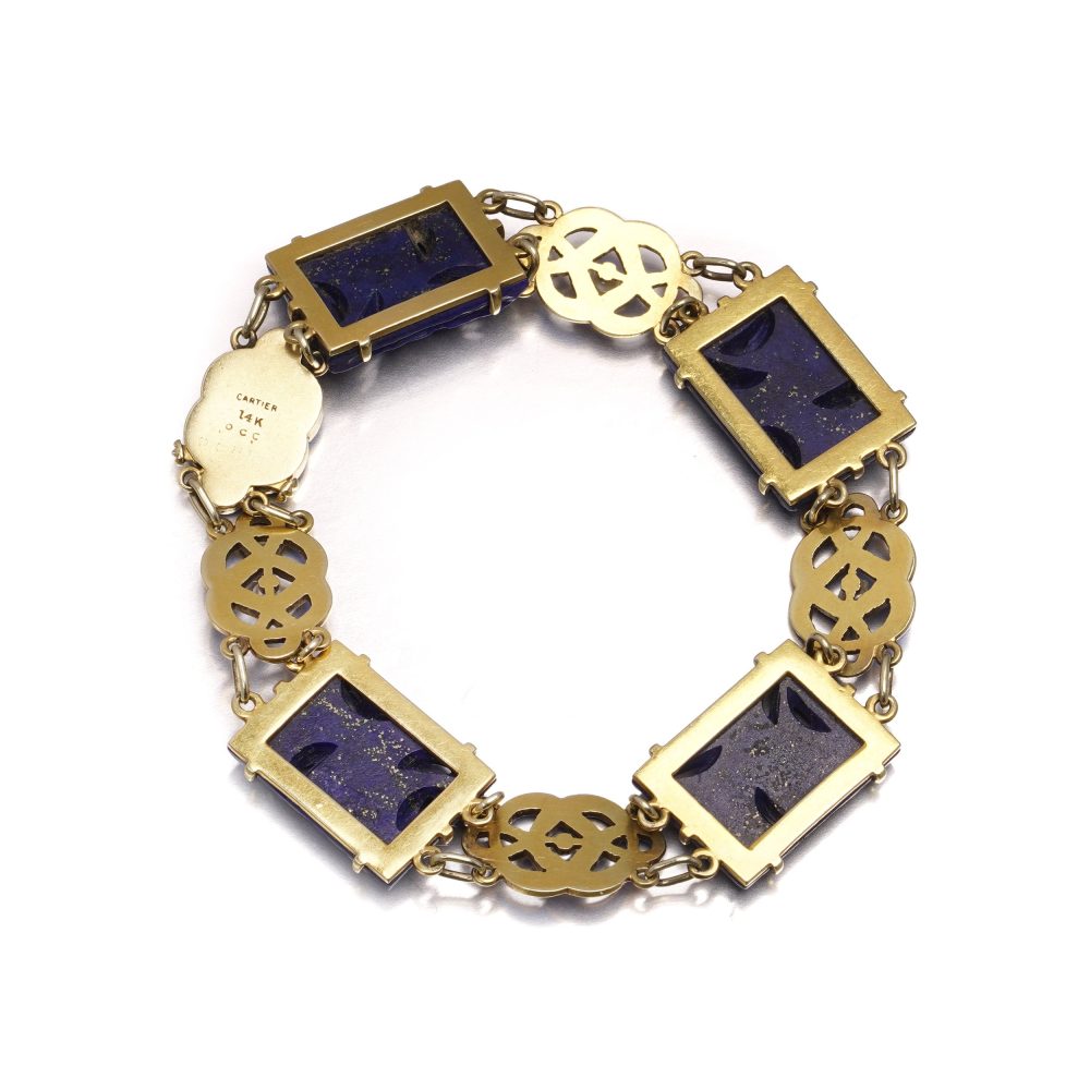 Cartier Art Deco Lapis, Enamel And Seed Pearl Bracelet In 14 Carat Yellow Gold