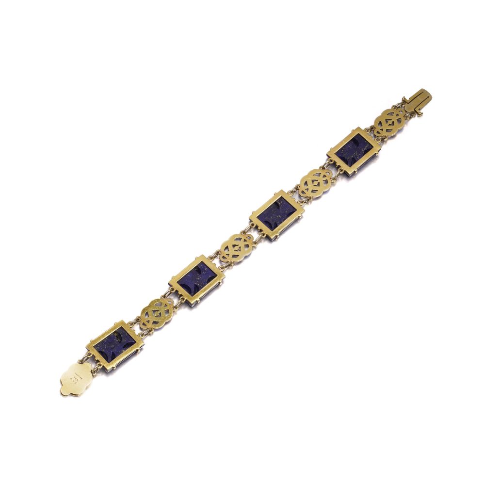 Cartier Art Deco Lapis, Enamel And Seed Pearl Bracelet In 14 Carat Yellow Gold