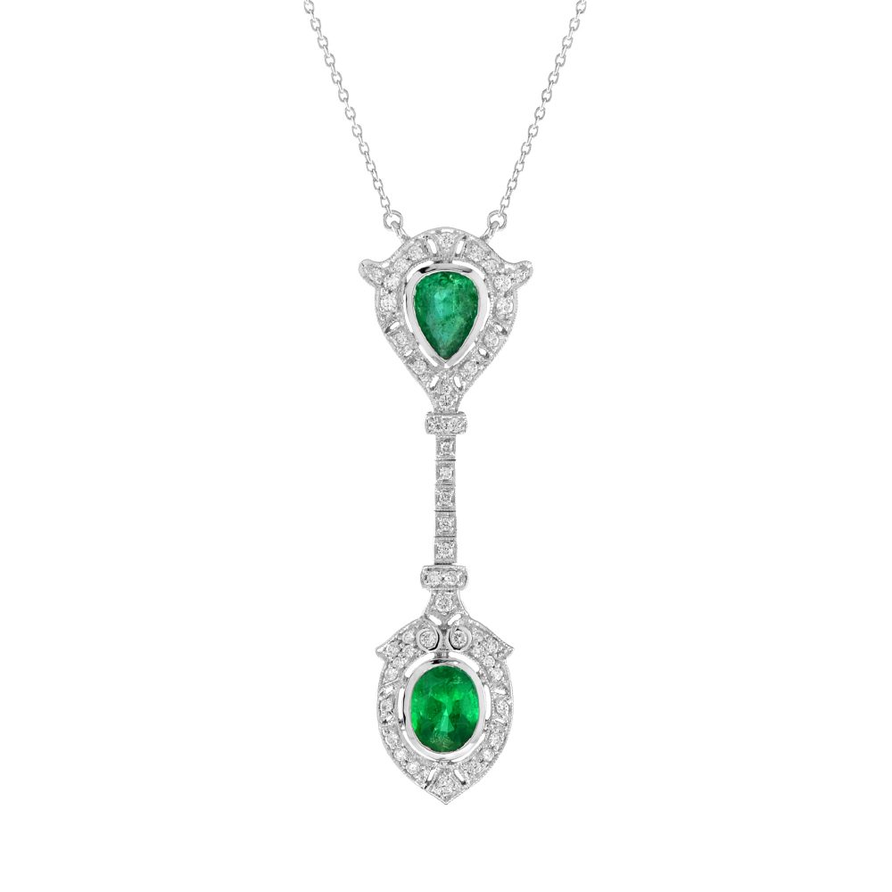 Pear and Oval Emerald with Diamond Double Cluster Drop Pendant Necklace