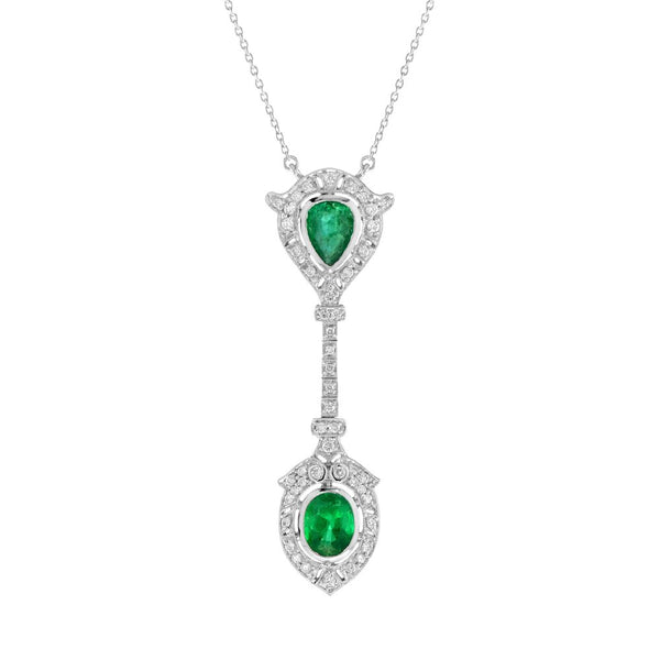 Pear and Oval Emerald with Diamond Double Cluster Drop Pendant Necklace