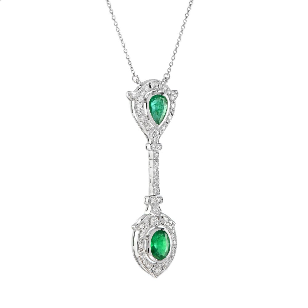 Pear and Oval Emerald with Diamond Double Cluster Drop Pendant Necklace