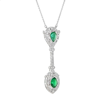 Pear and Oval Emerald with Diamond Double Cluster Drop Pendant Necklace
