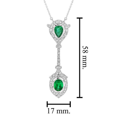 Pear and Oval Emerald with Diamond Double Cluster Drop Pendant Necklace