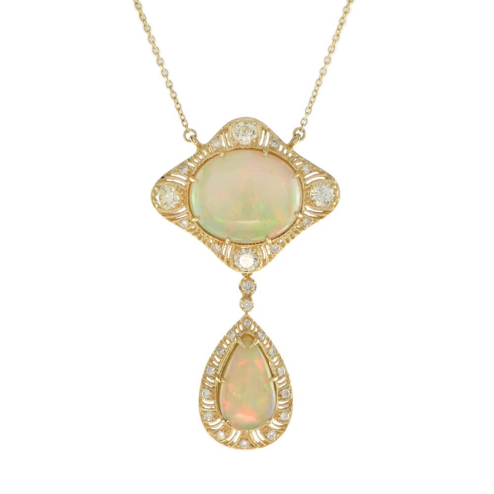 12.32cts Ethiopian Opal and Diamond Double Cluster Pendant Necklace