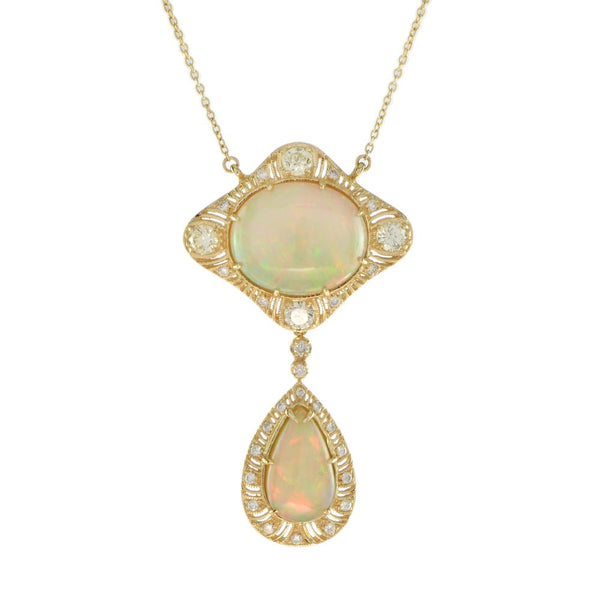 12.32cts Ethiopian Opal and Diamond Double Cluster Pendant Necklace