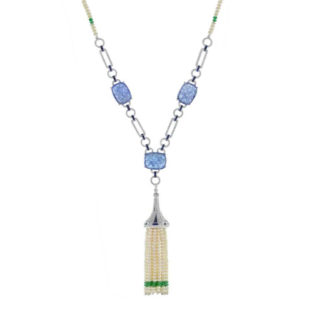 Carved Tanzanite and Pearl and Emerald Bead Tassel Drop Pendant Necklace with Diamond and Sapphire