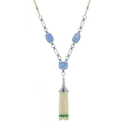 Carved Tanzanite and Pearl and Emerald Bead Tassel Drop Pendant Necklace with Diamond and Sapphire