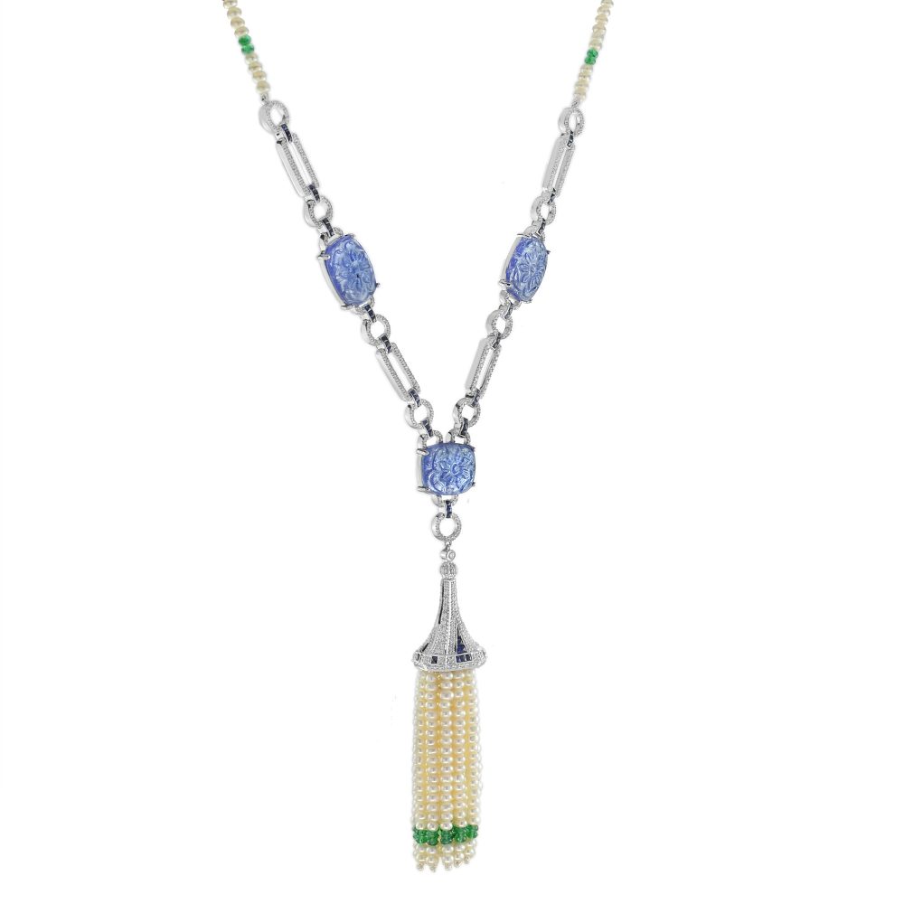Carved Tanzanite and Pearl Tassel Drop Pendant Necklace with Diamond Emerald and Sapphire