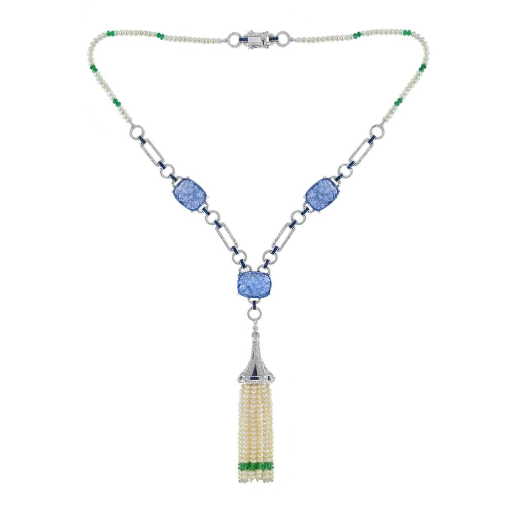 Carved Tanzanite and Pearl Tassel Drop Pendant Necklace with Diamond Emerald and Sapphire