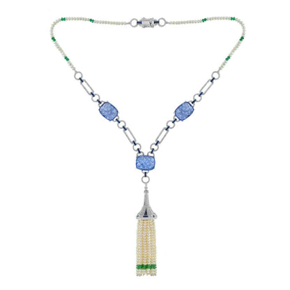 Carved Tanzanite and Pearl Tassel Drop Pendant Necklace with Diamond Emerald and Sapphire
