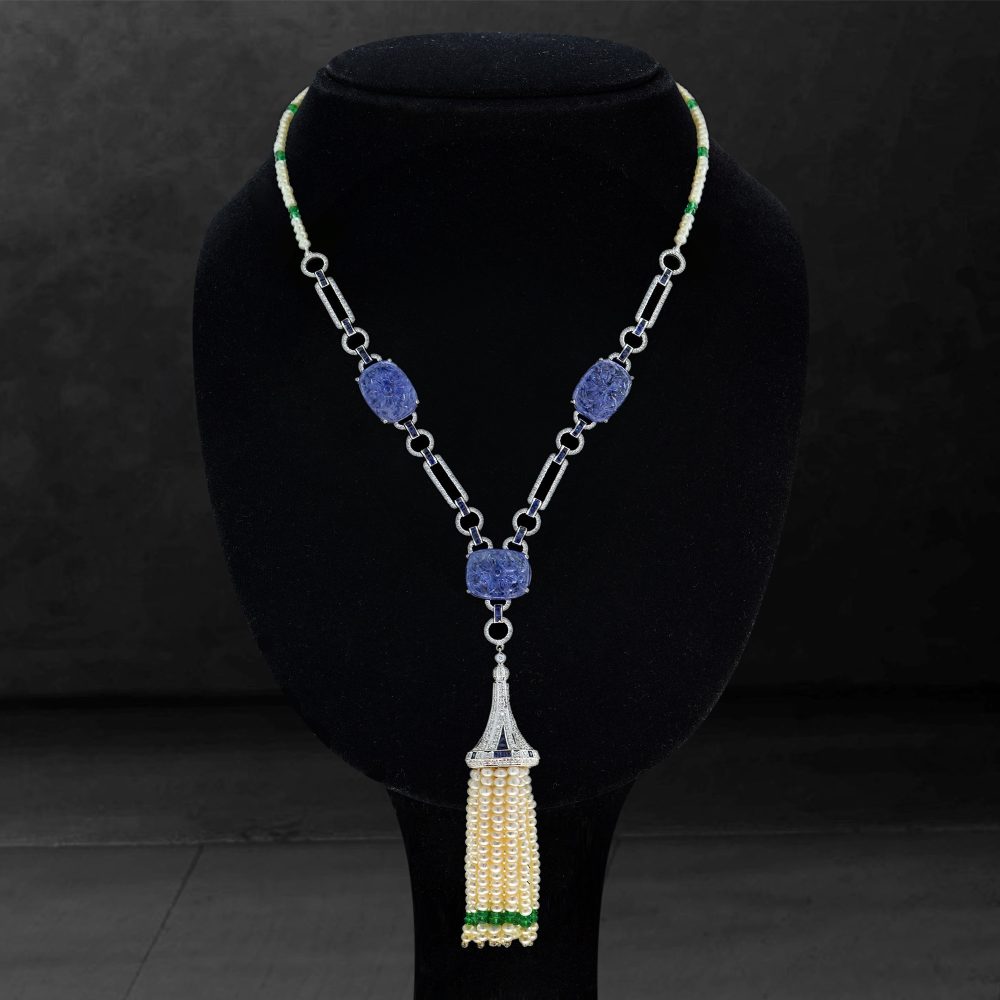 Carved Tanzanite and Pearl Tassel Drop Pendant Necklace with Diamonds Emeralds and Sapphires