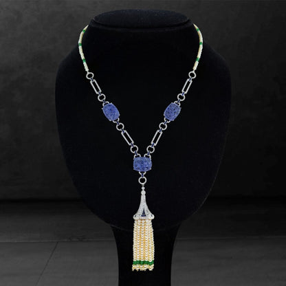Carved Tanzanite and Pearl Tassel Drop Pendant Necklace with Diamonds Emeralds and Sapphires