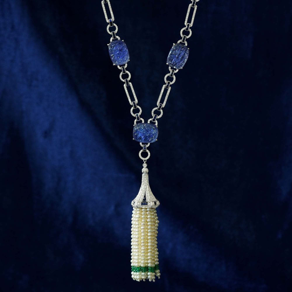 Carved Tanzanite and Pearl Tassel Drop Pendant Necklace with Diamonds Emeralds and Sapphires