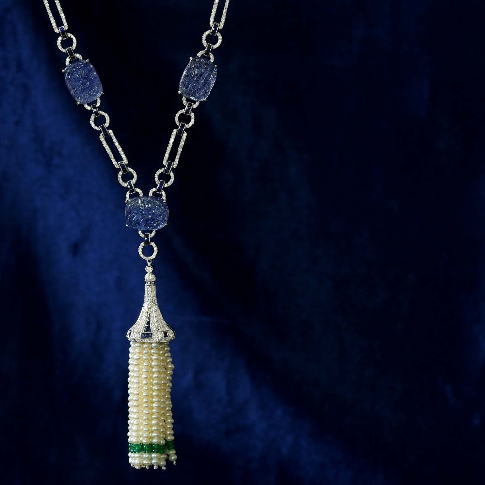 Carved Tanzanite and Pearl Tassel Drop Pendant Necklace with Diamonds Emeralds and Sapphires