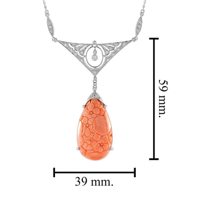 Floral Carved Coral and Diamond Pendant Necklace