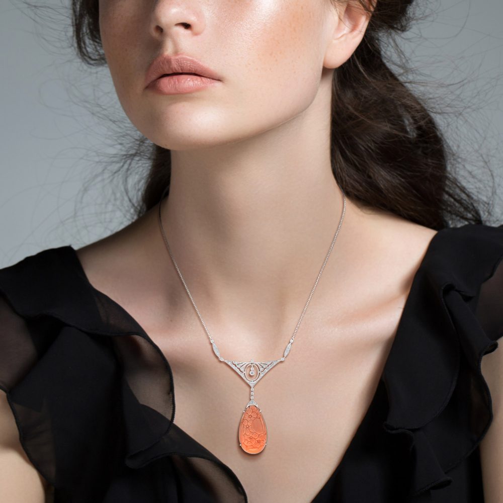 Floral Carved Coral and Diamond Pendant Necklace