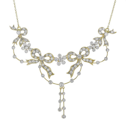 Vintage Style Diamond Ribbon Floral Necklace in 18ct Yellow Gold