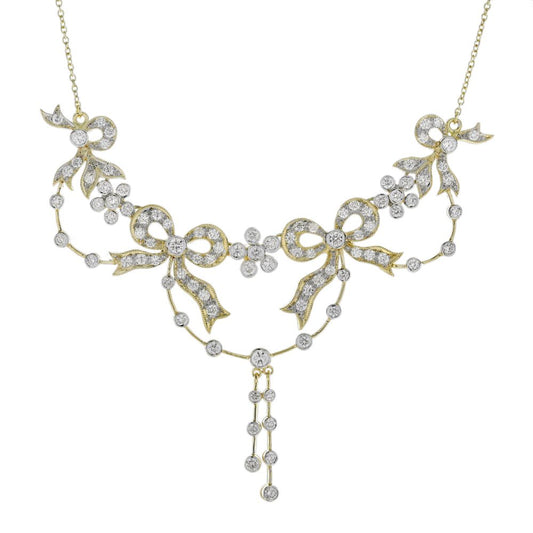 Vintage Antique Edwardian Style 2.50ct Diamond Ribbon Floral Necklace in 18ct Yellow Gold