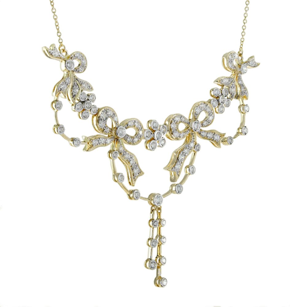 Vintage Style Diamond Ribbon Floral Necklace in 18ct Yellow Gold