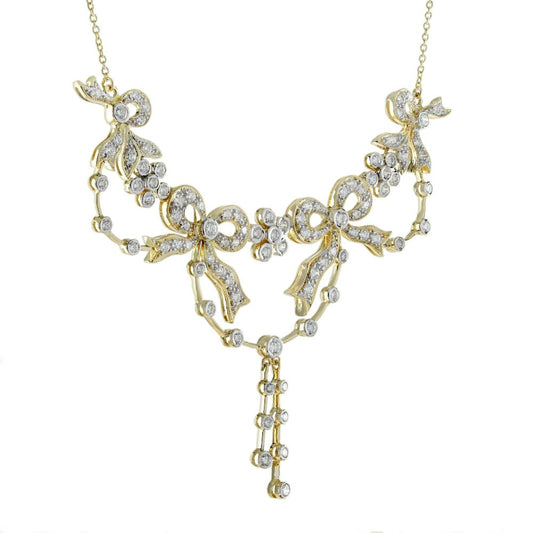 Vintage Antique Edwardian Style 2.50ct Diamond Ribbon Floral Necklace in 18ct Yellow Gold