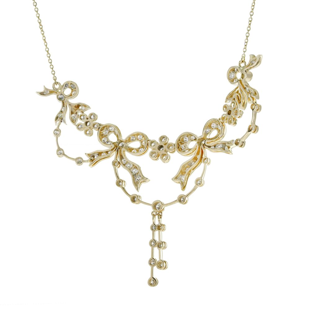 Vintage Style Diamond Ribbon Floral Necklace in 18ct Yellow Gold