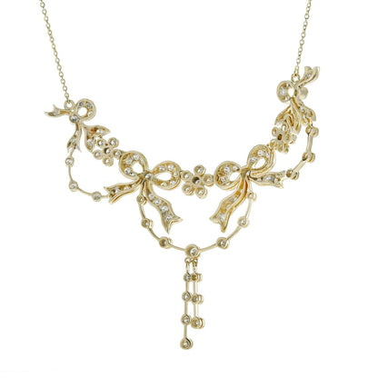 Vintage Style Diamond Ribbon Floral Necklace in 18ct Yellow Gold
