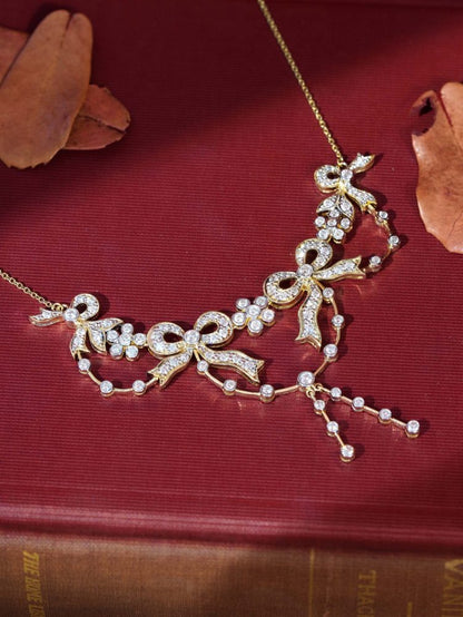 Vintage Style Diamond Ribbon Floral Necklace in 18ct Yellow Gold