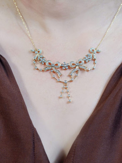 Vintage Style Diamond Ribbon Floral Necklace in 18ct Yellow Gold