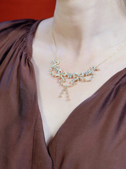 Vintage Style Diamond Ribbon Floral Necklace in 18ct Yellow Gold