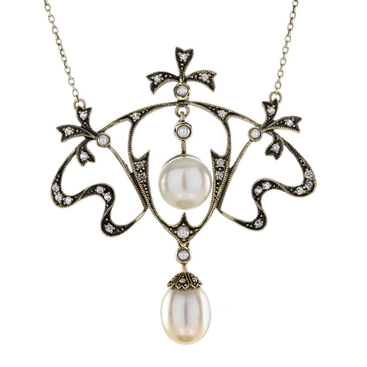 Edwardian Inspired Pearl and White Topaz Floral Pendant Necklace in 9ct Yellow Gold