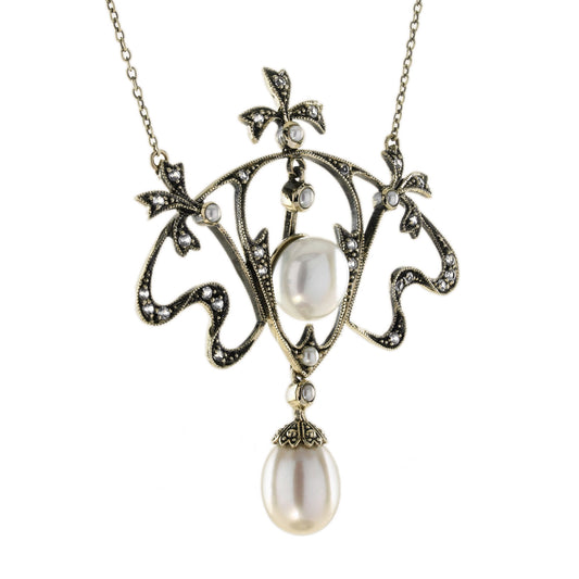 Edwardian Inspired Pearl and White Topaz Floral Pendant Necklace in 9ct Yellow Gold