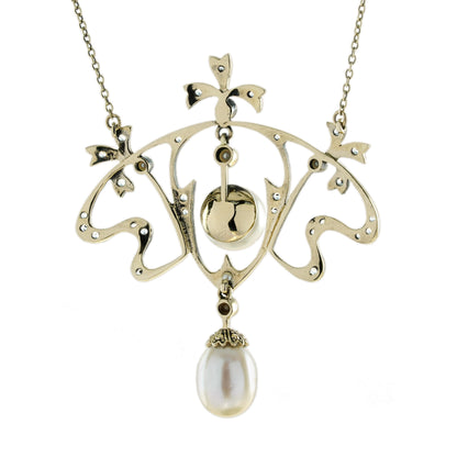 Edwardian Inspired Pearl and White Topaz Floral Pendant Necklace in 9ct Yellow Gold