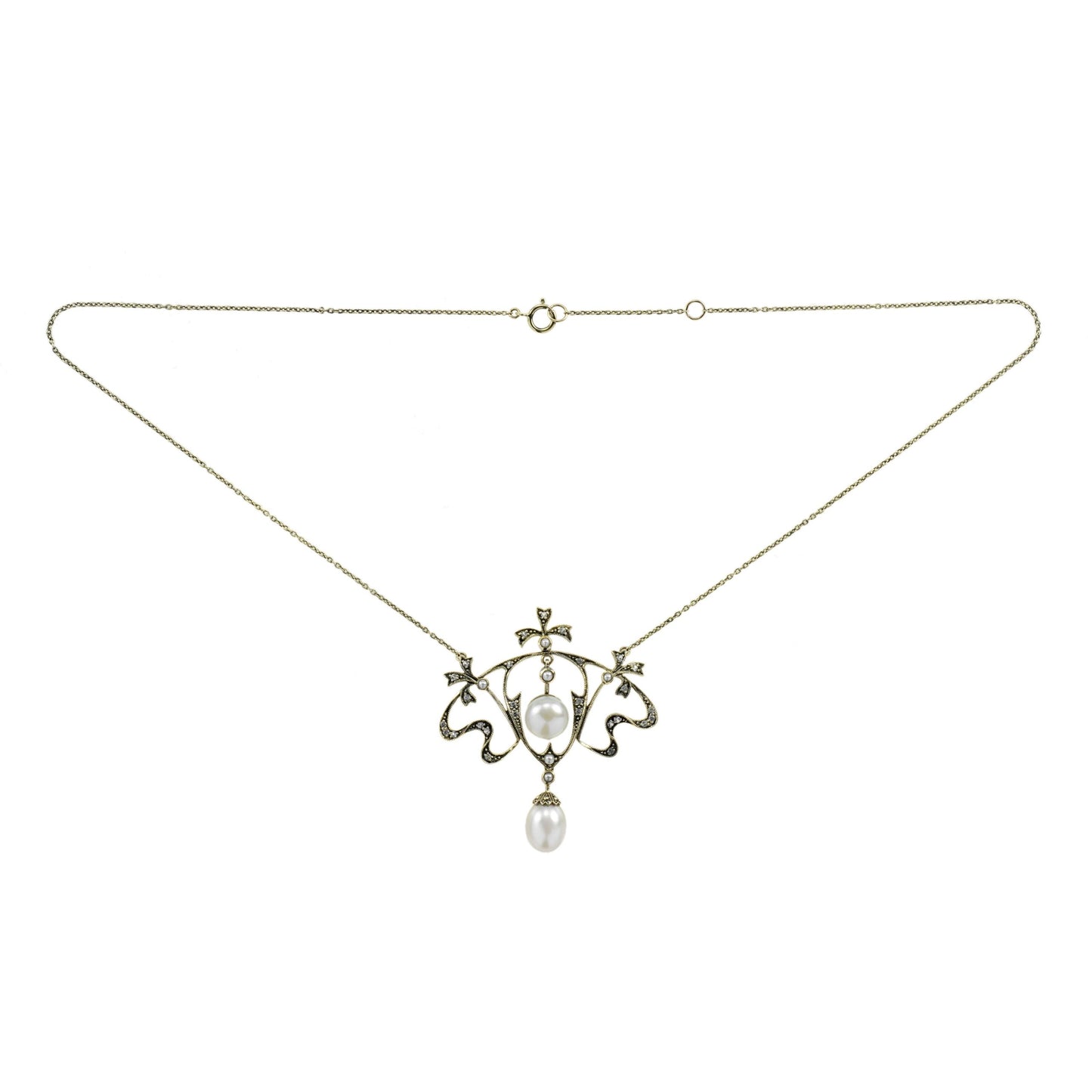 Edwardian Inspired Pearl and White Topaz Floral Pendant Necklace in 9ct Yellow Gold