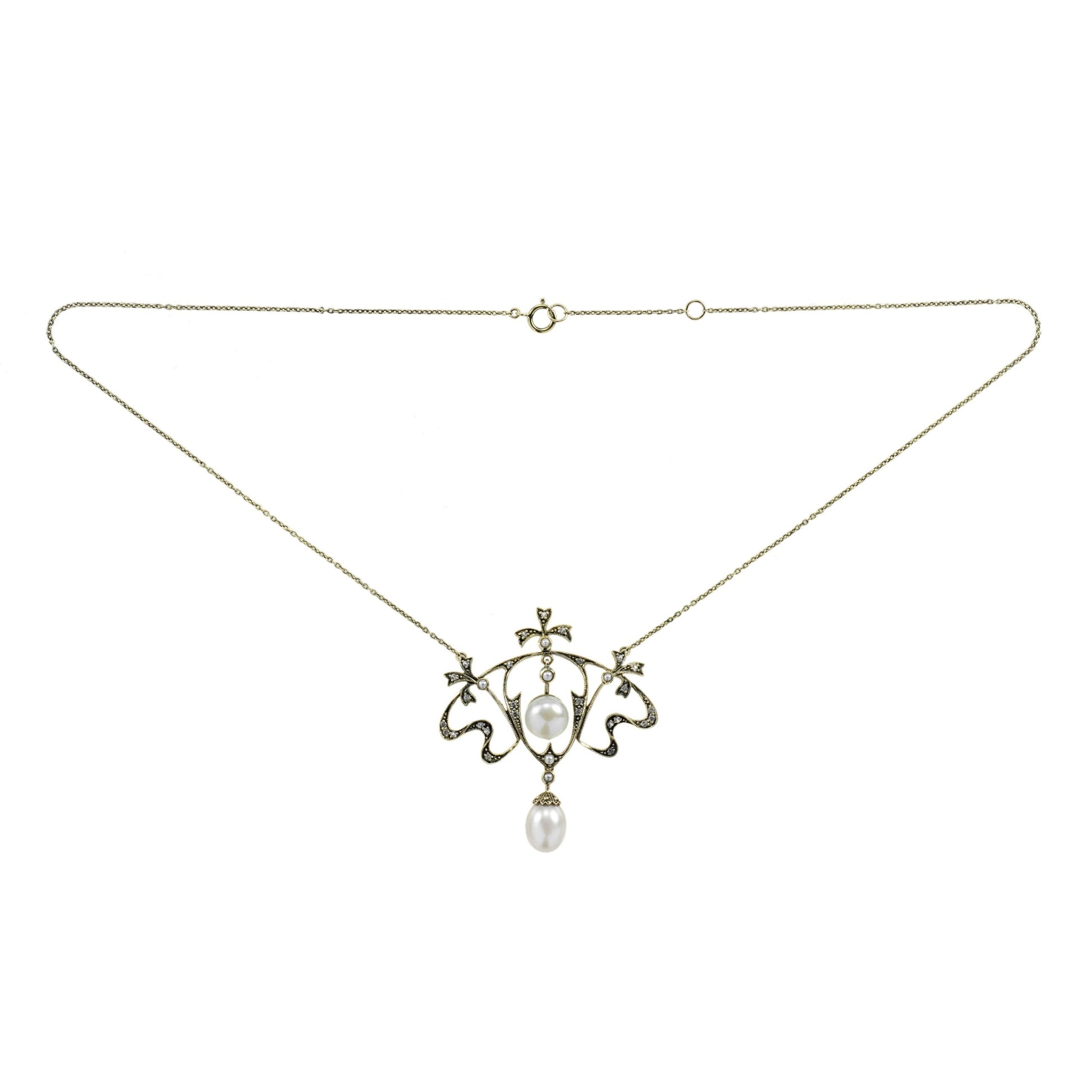 Edwardian Inspired Pearl and White Topaz Floral Pendant Necklace in 9ct Yellow Gold