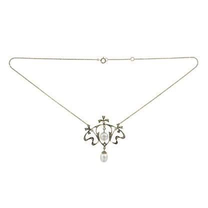 Edwardian Inspired Pearl and White Topaz Floral Pendant Necklace in 9ct Yellow Gold