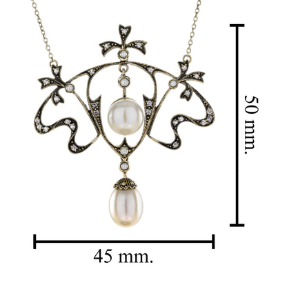 Edwardian Inspired Pearl and White Topaz Floral Pendant Necklace in 9ct Yellow Gold