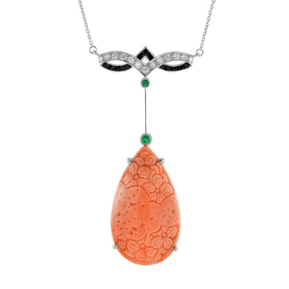 26.30ct Carved Pear Coral and Diamond Pendant Necklace with Emerald and Onyx