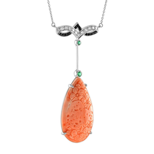 26.30ct Carved Pear Coral and Diamond Pendant Necklace with Emerald and Onyx