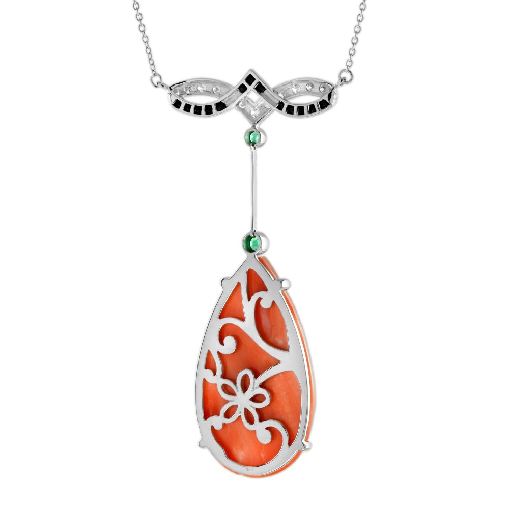 26.30ct Carved Pear Coral and Diamond Pendant Necklace with Emerald and Onyx
