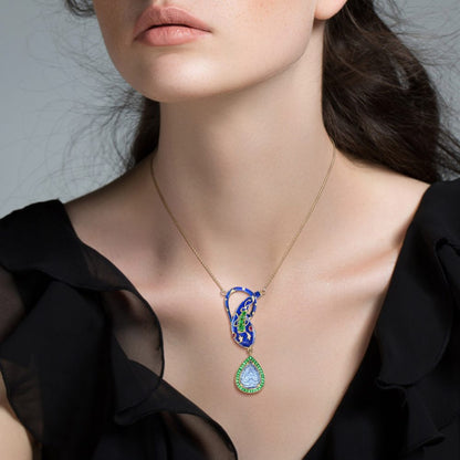 Blue Enamel Snake Pendant Necklace with Carved Tanzanite and Emerald Cluster Pendant