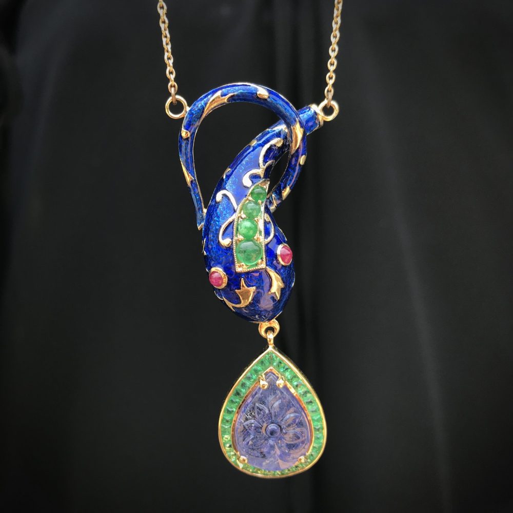 Blue Enamel Snake Pendant Necklace with Carved Tanzanite and Emerald Cluster Pendant