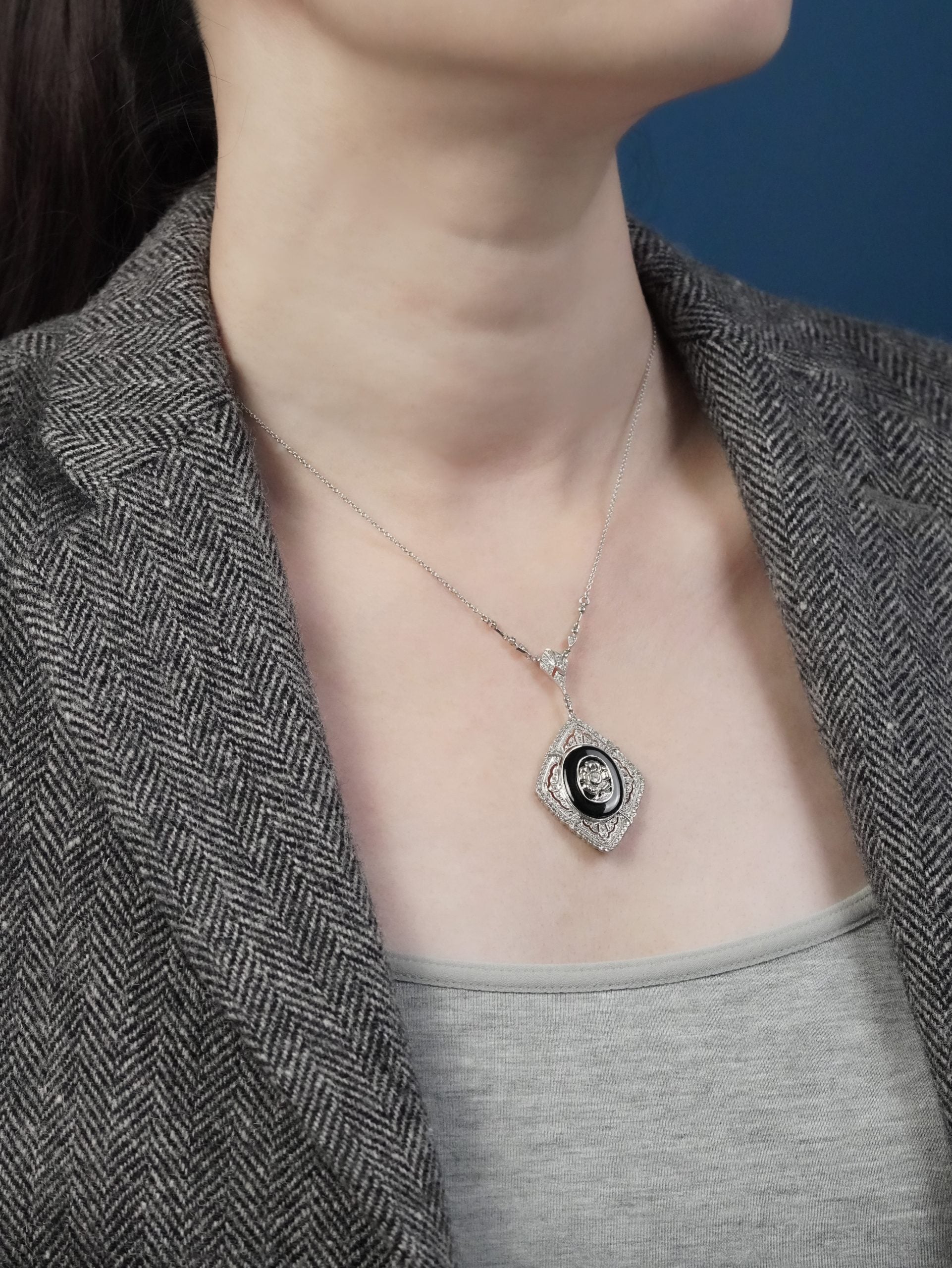 Onyx and Diamond Cluster Pendant Necklace in 14ct White Gold