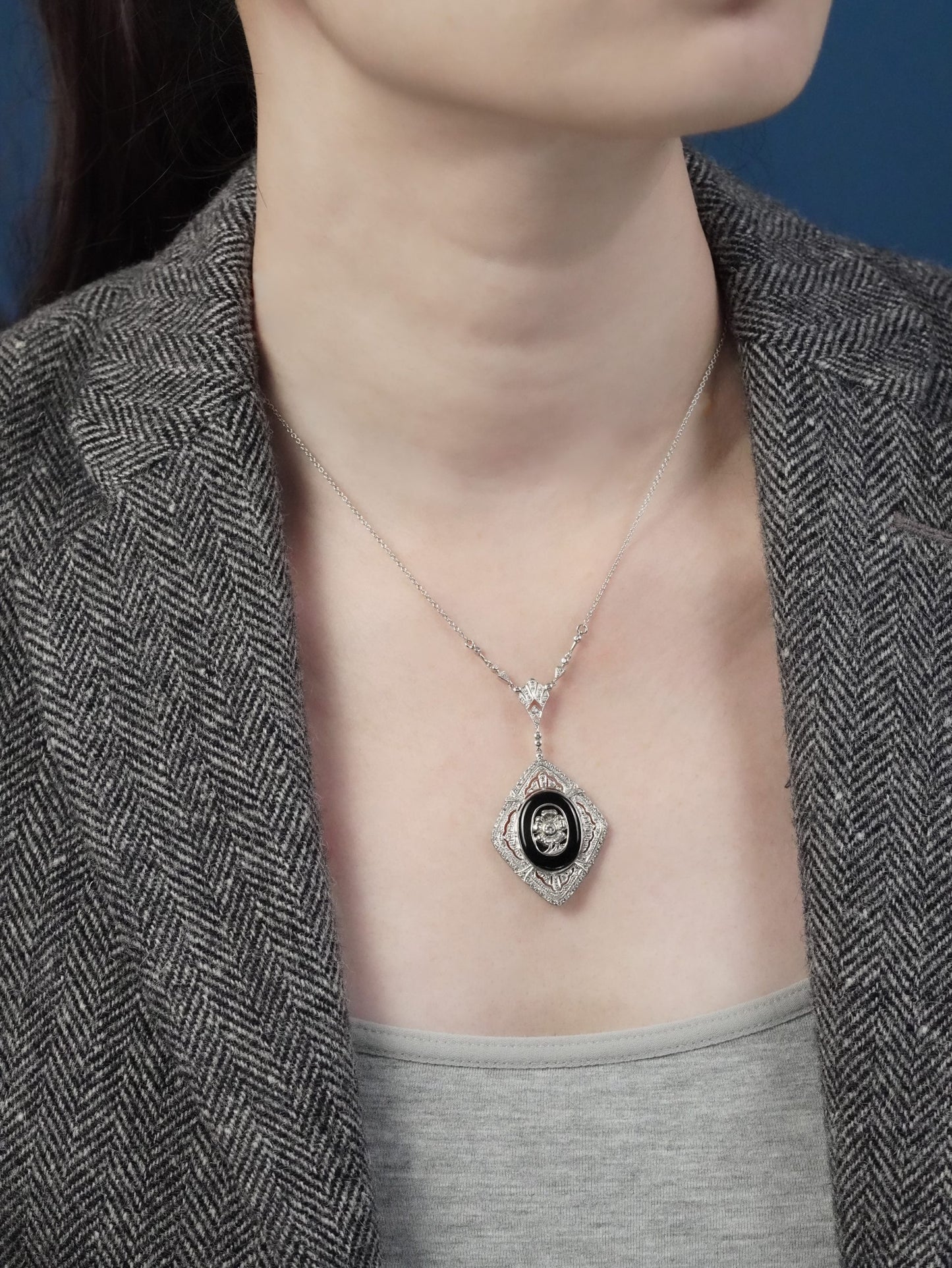 Onyx and Diamond Cluster Pendant Necklace in 14ct White Gold