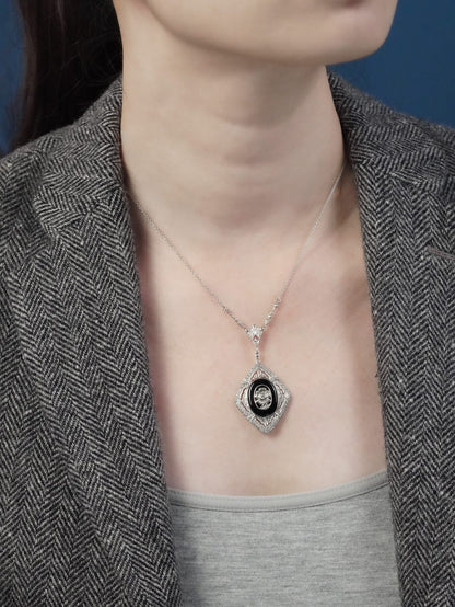 Onyx and Diamond Cluster Pendant Necklace in 14ct White Gold