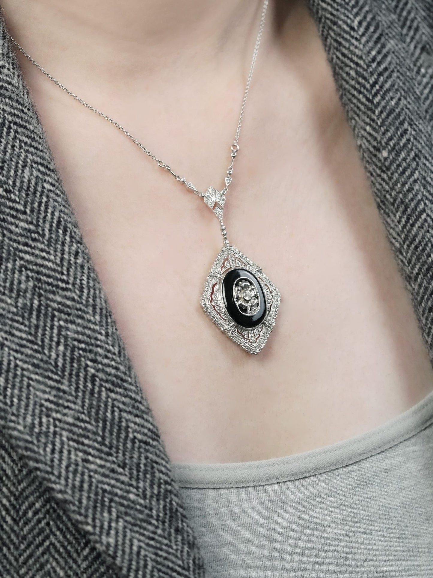 Onyx and Diamond Cluster Pendant Necklace in 14ct White Gold
