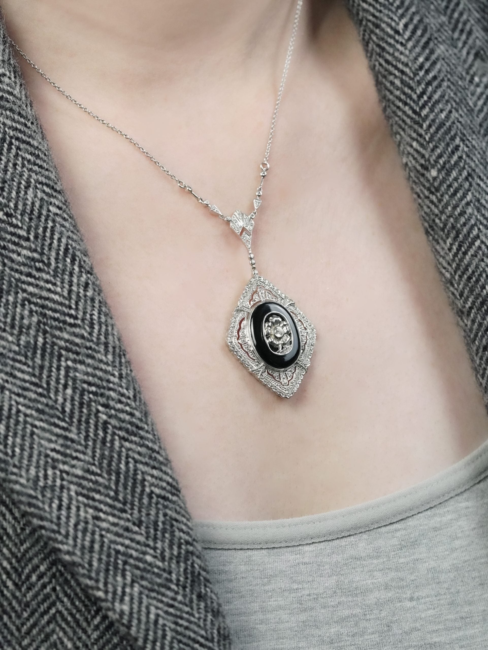 Onyx and Diamond Cluster Pendant Necklace in 14ct White Gold